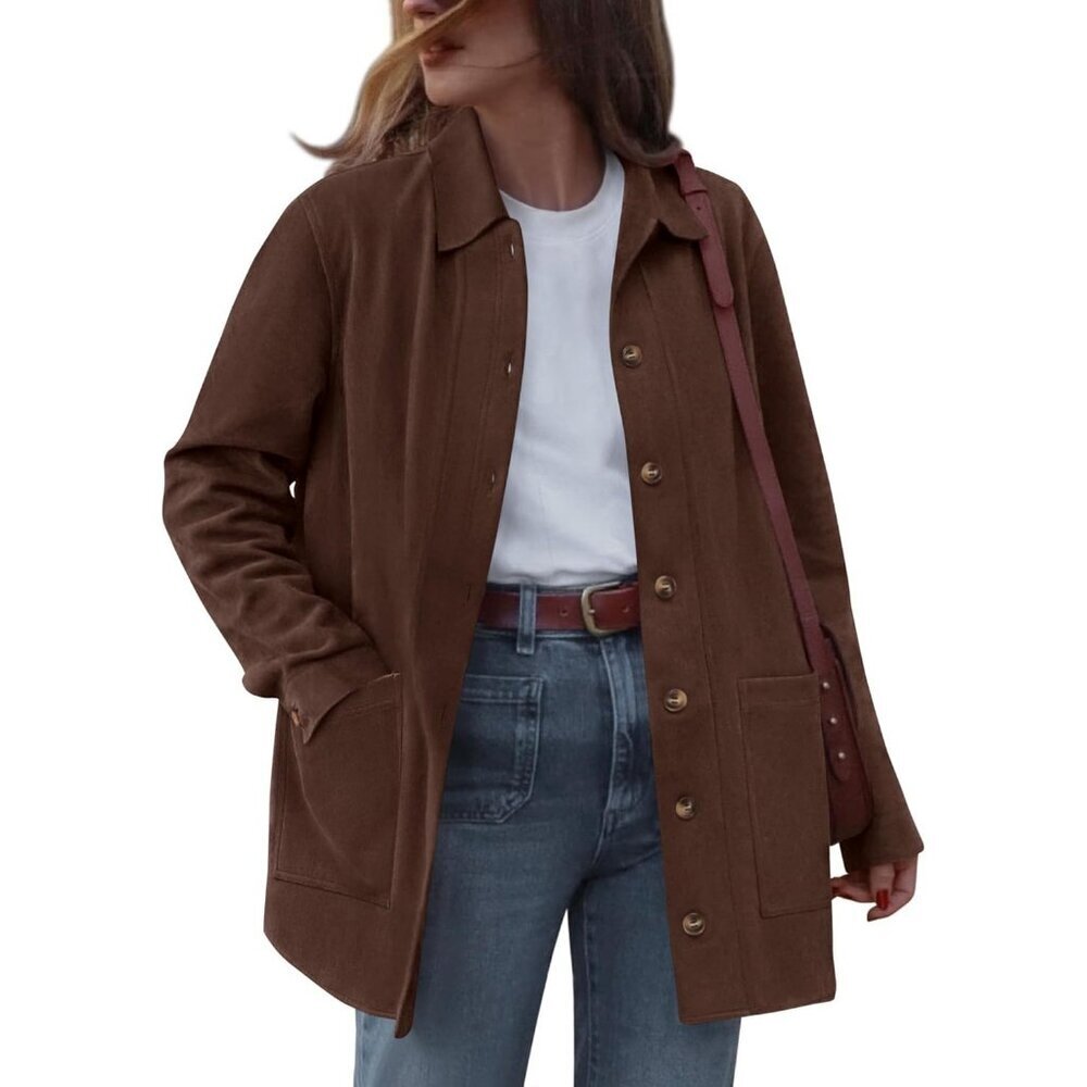 Women's Faux Leather Long Sleeve Coffee Button Down Jackets Coats Outerwear
